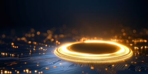 Glowing Circular Platform on Digital Circuitry Background