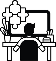 man is sitting at a desk with a computer monitor in front of him