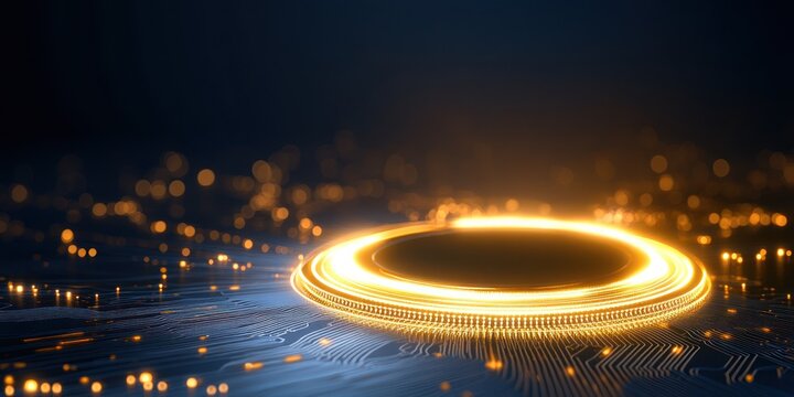 Glowing Circular Platform on Digital Circuitry Background
