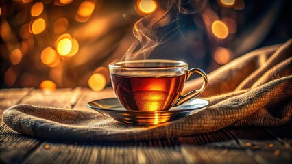 Long Exposure Tea Cup Photography: Brown Tablecloth, Glass Teacup, Warm Lighting