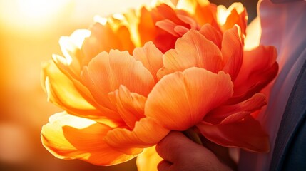 an orange peony-like mountain flower glowing in sunset light, layered petals, warm soft tones, macro shot, vertical botanical photo