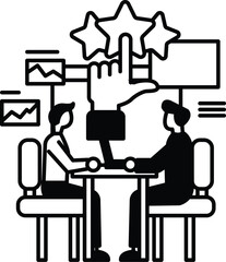 men sitting at a table with a hand pointing to a star