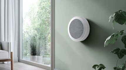 Round speaker affixes to wall, offering modern audio solution, natural light, plant adds peaceful atmosphere.