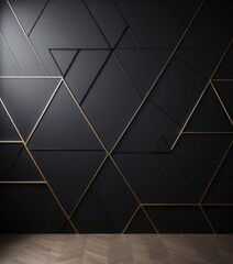 A striking black and gold geometric pattern overlays a rich wooden floor, creating a sophisticated and modern backdrop that exudes elegance and style.