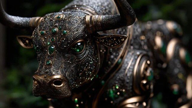 This artistic representation features a detailed bull sculpture symbolizing Taurus, reflecting elegance and strength through intricate patterns and vibrant colors. Appreciate this captivating piece