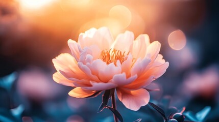 an orange peony-like mountain flower glowing in sunset light, layered petals, warm soft tones, macro shot, vertical botanical photo