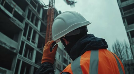 Fototapeta premium Construction worker adjusts helmet observing unfinished structure, industrial equipment suggests development, investment, progress.