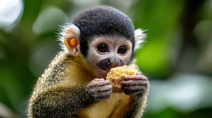 Obraz premium Squirrel monkey eats, grips food, displaying curiosity, delicate features, natural habitat, expressive eyes.