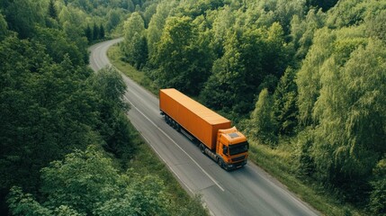 Semi-truck drives along highway, transporting goods through scenic landscape, connecting economies promoting commerce.