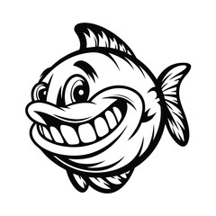 Cartoon Fish with Huge Smile, Showing Big Teeth, Black and White Style