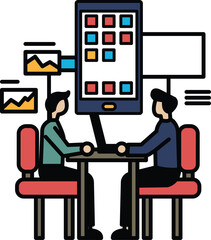 Two men sitting at a table with a cell phone in the middle