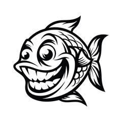 Cartoon Fish Smiling With Large Teeth, Black & White Illustration, Cute Animal