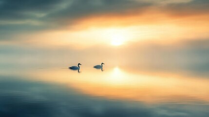 Two white swans swim on a misty lake under a sunset