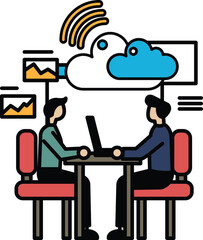 Two men sitting at a table with a laptop in front of them