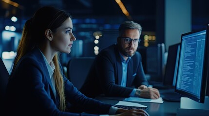 Focused software engineers collaborating on project in modern office environment