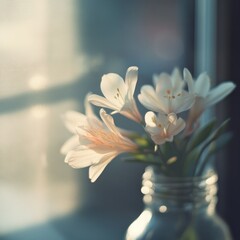 Delicate white flowers arranged in a small glass container indoors