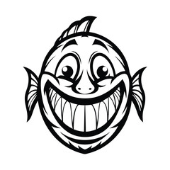 Cartoon Fish Head with Fin Details, Open Mouth, Smiling and Showing Large Teeth