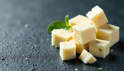 Several chunks of white cheese, textured surface , rustic, gourmet, food