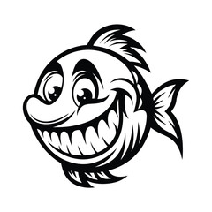 Cartoonish Fish with Sharp Teeth. Black and White of Fish Smiling