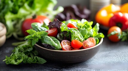 Fresh salad with leafy greens and sliced cherry tomatoes in a brown bowl surrounded by more fresh vegetables.