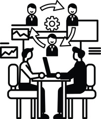 group of people are sitting around a table with a laptop in front of them