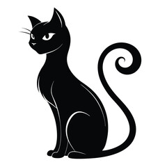 Silhouette of Black Cat Sitting with Curly Tail Isolated on White Background