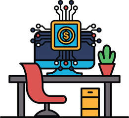 Naklejka premium A computer monitor with a dollar sign on it sits on a desk next to a potted plan