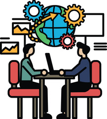 Two men sitting at a table with a laptop in front of them