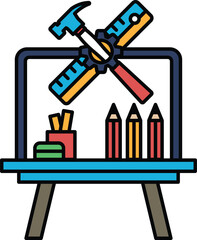 A blue table with a hammer, ruler, and pencils on it