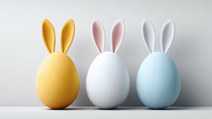 Fototapeta premium Trio of Easter eggs with bunny ears, Minimal spring setup in soft tones, Cute bunny-themed holiday decor