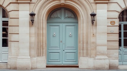 Obraz premium Parisian building, elegant blue door, arched entryway, city street, real estate