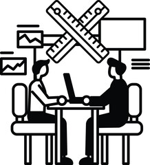 men sitting at a table with a ruler and a laptop