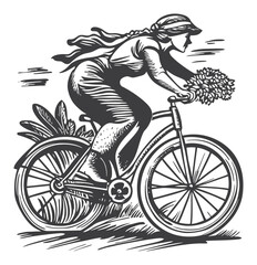 Naklejka premium Vintage Woman Riding Bicycle with Flowers in Engraving Style