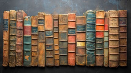 Row of Antique Books with Aged Covers and Textured Spines.