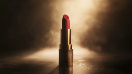 A single red lipstick standing tall against an illuminated background