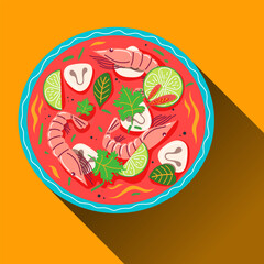 Spicy Shrimp Soup, Tom Yum Soup, Asian seafood soup in bowl with herbs and lime. Vector illustration. Thai food concept