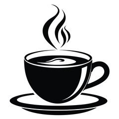 Steaming Coffee Cup Silhouette on Saucer | Hot Drink Icon, Black and White Art