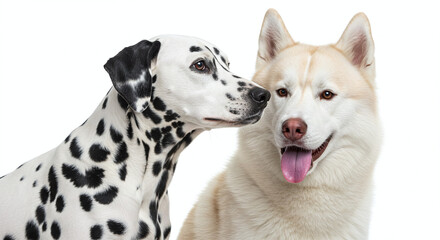 dalmatian and siberian husky standing close together, isolated on white background. generative ai