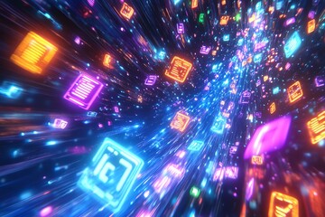 A close up of neon lit programming code snippets floa