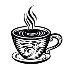 Black and White Stylized Coffee Cup Design, Steam, Detailed Patterned Texture, Isolated
