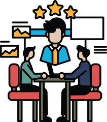 Three men are sitting around a table with a man in the middle