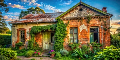Fototapeta premium Vintage One-Story Building Portrait Photography: Rustic Charm, Architectural Detail, Historic House, Old Building Facade