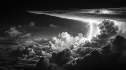 Lightning strikes amidst billowing storm clouds, creating dramatic spectacle, emphasizing nature's power.