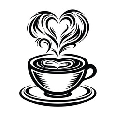 Cup of coffee on saucer with rising steam forming heart shape black line style