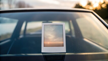 A vintage car's rear window displays a polaroid of a sunset, capturing a serene moment against a blurred natural backdrop.
