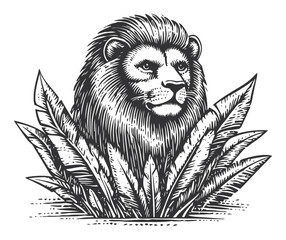 Fototapeta premium Intricate Engraving of a Lion Emerging from Detailed Leaves