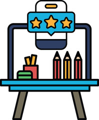 Obraz premium A table with a laptop, pencils, and a star rating