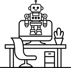 robot is standing in front of a computer monitor