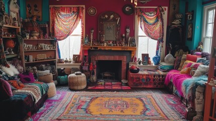 A vibrantly decorated bohemian living room with colorful textiles