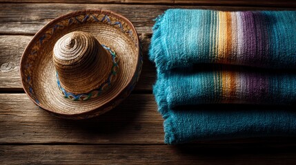 Sombrero and Folded Blanket on Wooden Table Top Still Life